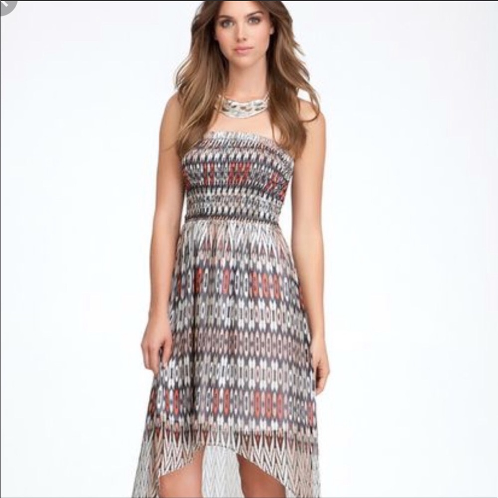 Bebe Midi High Low Strapless Dress
